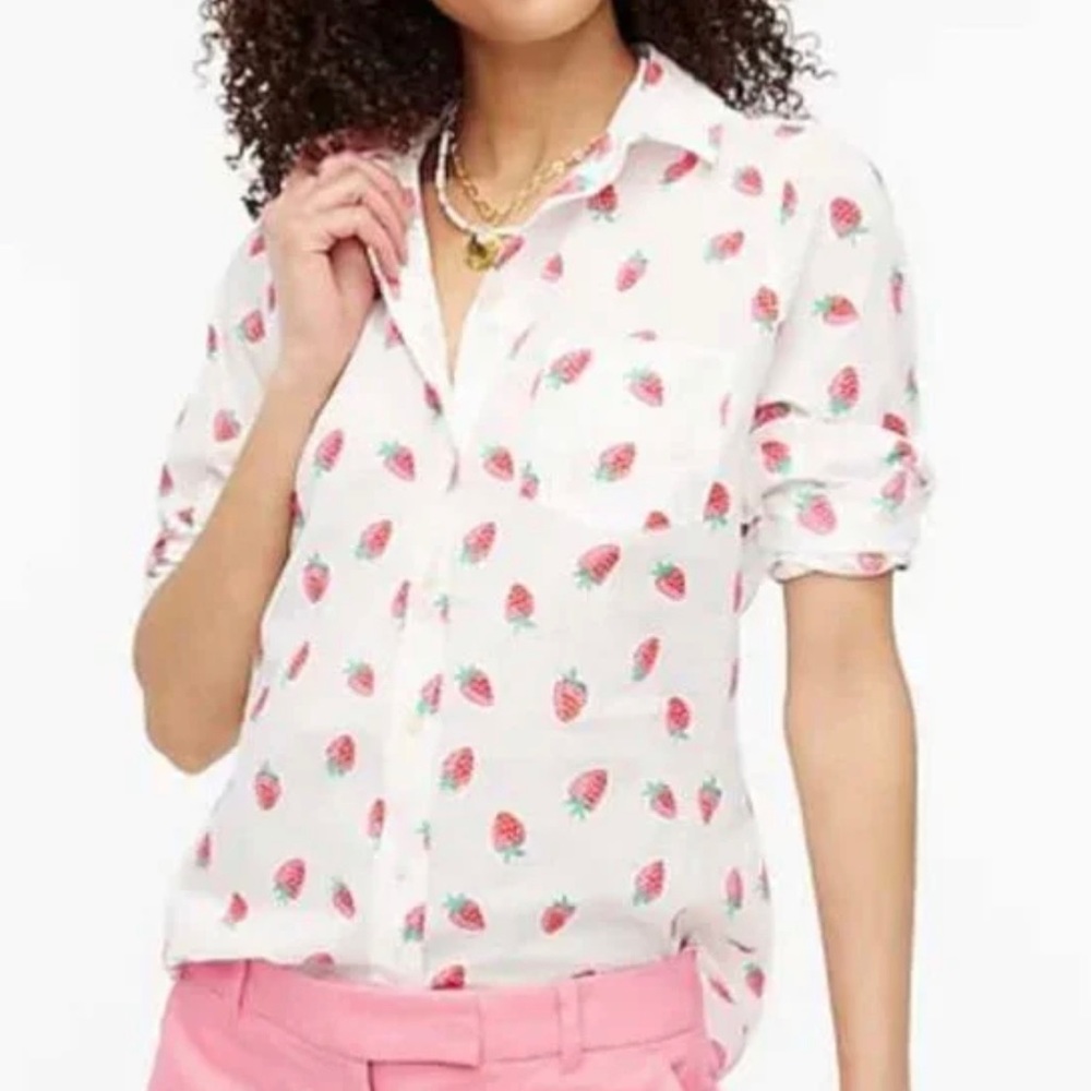 NWT J Crew Factory Strawberry Print Lightweight Cotton Button-Up- Size M